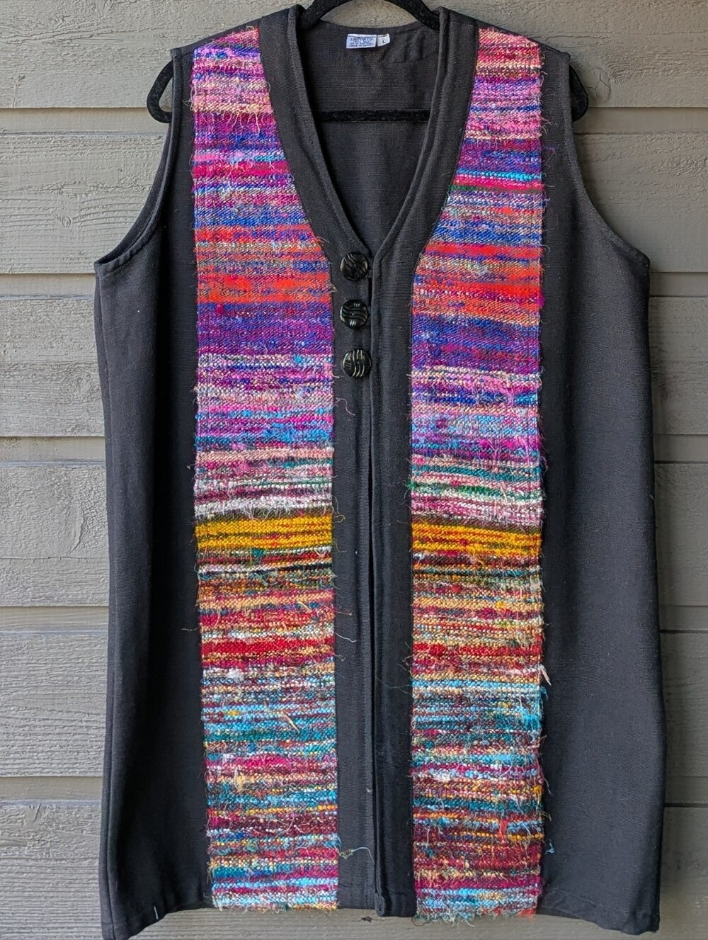 Venus Imports Nepalese Colorful Silk Long Line Vest Size Large Black